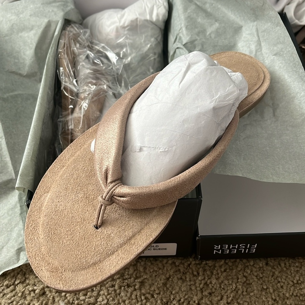 Eileen Fisher Light Gold Suede Sandals, New in Box
